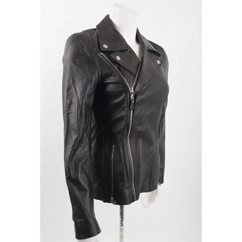 Paige Womens Dita Leather Biker Moto Jacket XS Black Asymmetric side zip close